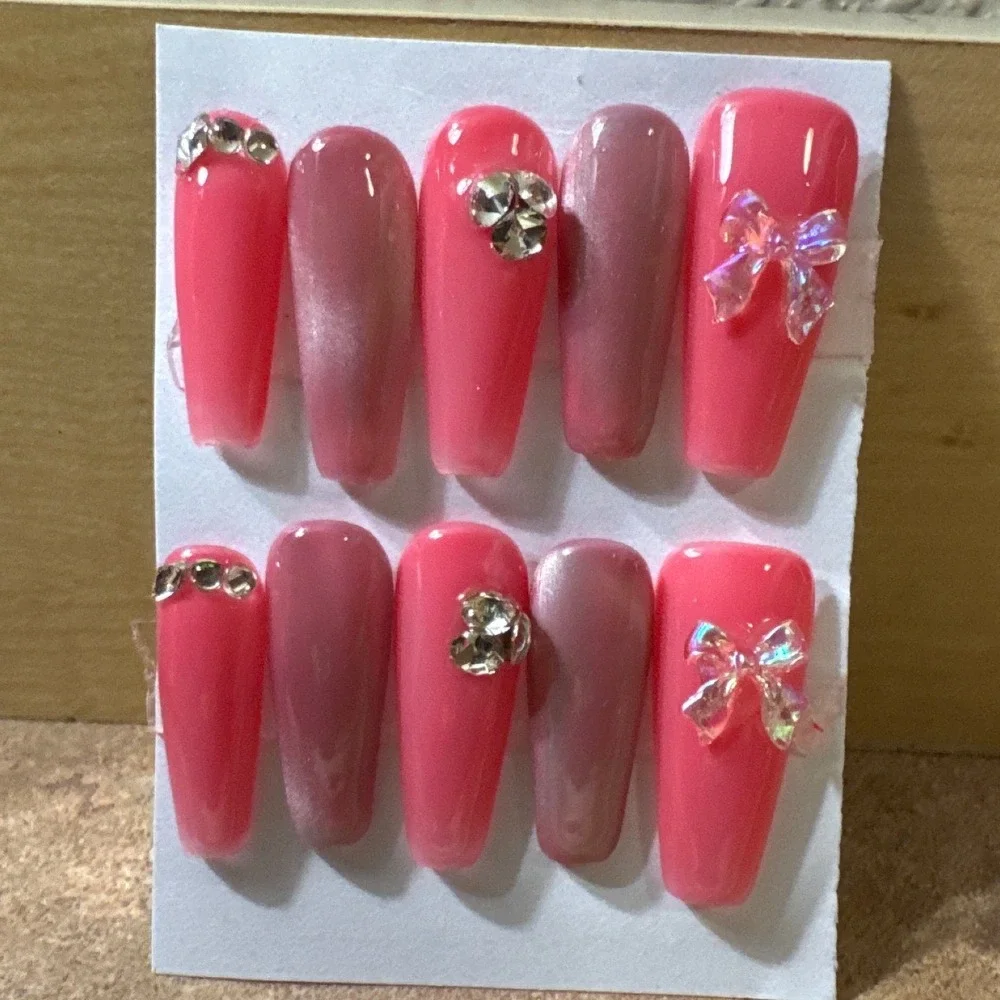 Pink Cat Eye Press On Nails Long Coffin 3D‎ Bow Rhinestone 10pc Set
